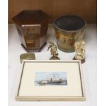 A miniature of The SS Great Britain, a brass snuff box and figure, a plant pot, a treen flower