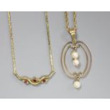Two modern 9ct and gem set necklaces, one with 9ct cultured pearl set pendant, 35mm,gross 10.5