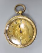 A lady's continental engraved 18k yellow metal open face pocket watch,case diameter 35mm, gross
