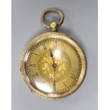 A lady's continental engraved 18k yellow metal open face pocket watch,case diameter 35mm, gross
