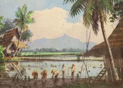 Abu Bakar Ibrahim (1925-1977), watercolour, Rice planters, signed, 27 x 37cm