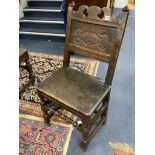 An 17th century oak back stool with lozenge carved decoration, width 48cm, depth 38cm, height 96cm