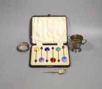 A cased set of six silver and enamel(a.f.) bean end coffee spoons, one other silver spoon, a silver
