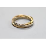 A modern three colour 18ct gold 'Russian' triple band wedding ring, size O,5.6 grams.