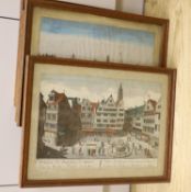 Five 18th century coloured engravings, Views of Frankfurt and other cities, largest 27 x 41cm