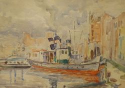 Jan Zipper, watercolour, Tug boats in harbour, signed and dated 1948, 28 x 40cm
