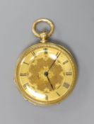 A continental engraved 18k yellow metal open face pocket watch,diameter 36mm, gross weight 39.6