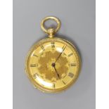 A continental engraved 18k yellow metal open face pocket watch,diameter 36mm, gross weight 39.6