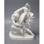 A 19th century Continental bisque porcelain figure group, males in combat, 30cm high