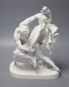 A 19th century Continental bisque porcelain figure group, males in combat, 30cm high
