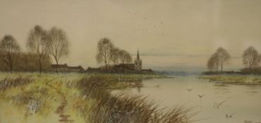 Francis Gordon Fraser (1879-1940), watercolour, Church, Hemmingford Abbot, signed, 18 x 35cm