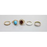 Five assorted modern 9ct gold and gem set rings including seven stone diamond chip ring, turquoise
