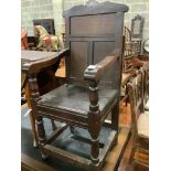 A 17th century style oak wainscot chair, width 48cm, depth 50cm, height 110cm