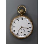 A 1920's 9ct gold open face keyless pocket watch,case diameter 50mm, gross 84.8 grams.