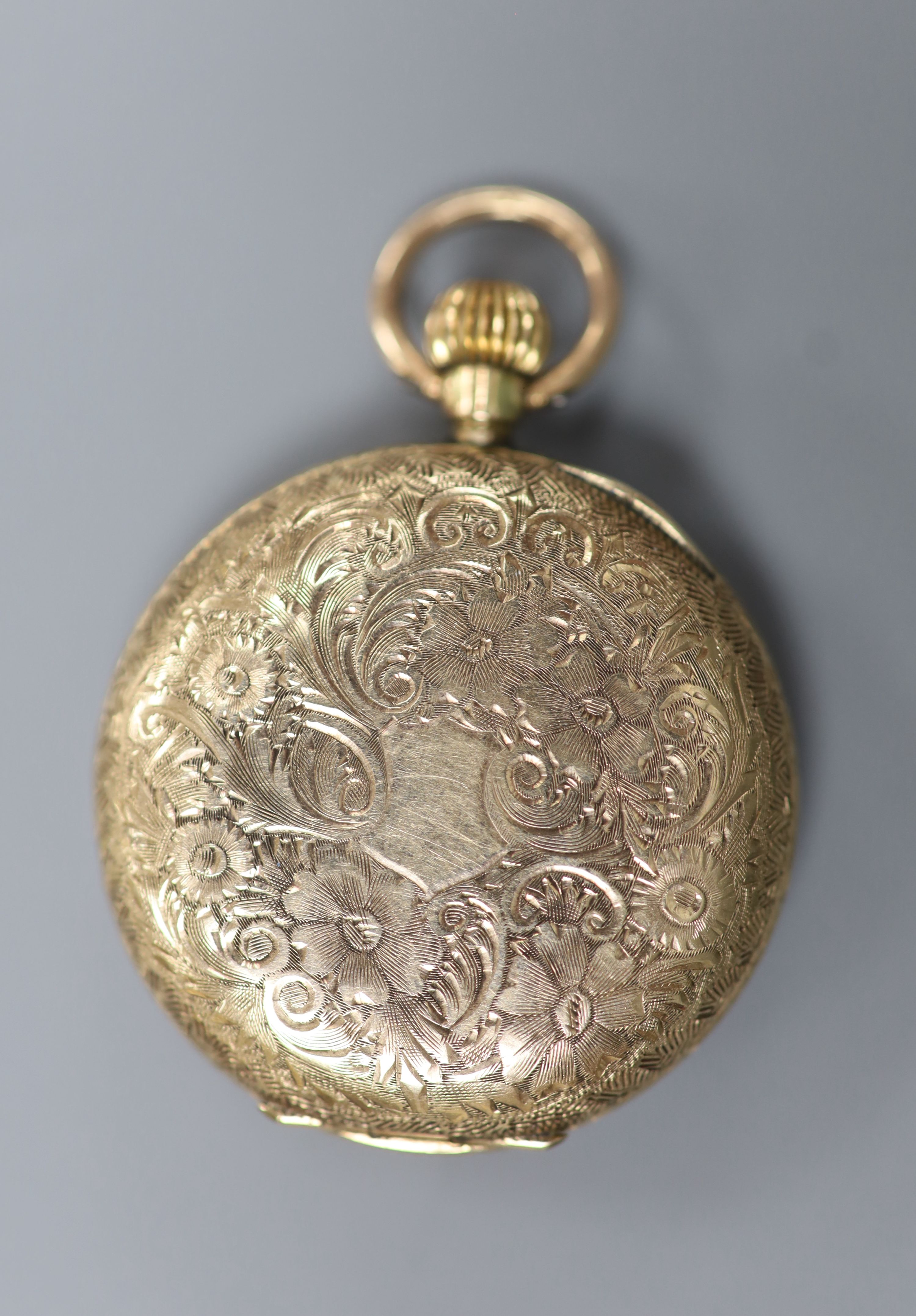 A lady's early 20th century continental 14k open faced pocket watch and a similar 9ct gold fob - Bild 3 aus 3