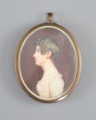 English School circa 1820, watercolour on ivory, Miniature profile portrait of a young lady, 6.75 x