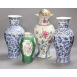 A pair of blue and white Chinese vases, height 31cm, and two others