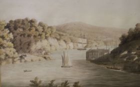 Reverend John Swete (c.1752-1821), watercolour, Shipping along an estuary, 20 x 31cm