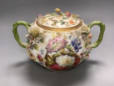 A Minton Meissen style flower encrusted large bowl and cover, c.1835, 17cm, pseudo crossed swords