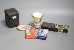 A group of curios including a card box, opera glasses, a papier mache snuff box, a Derby style vase