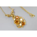 A modern 9ct gold, cultured pearl and citrine? set pendant necklace, pendant section 42mm, chain