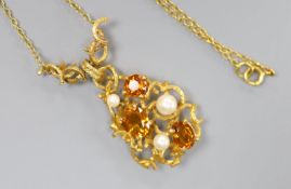 A modern 9ct gold, cultured pearl and citrine? set pendant necklace, pendant section 42mm, chain