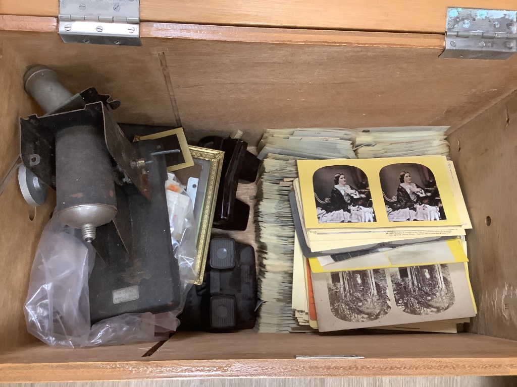 A teak box of photographs, glass negatives etc.