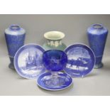 A pair of Bretby blue and green glazed vases, 24cm high jasperware vase, a blue overlay glass and