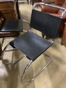 A set of six Mies Van De Rohe style chrome and black leather dining chairs, width 46cm, depth 66cm,