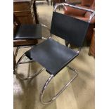 A set of six Mies Van De Rohe style chrome and black leather dining chairs, width 46cm, depth 66cm,