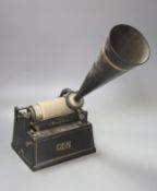 An Edison Gem phonograph, fitted with a horn, with original black and gilt bordered finish, 20cm