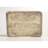 A late 19th/early 20th century Russian silver snuff box, 87mm, 100 grams, (a.f.).