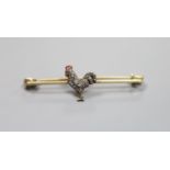 A late Victorian yellow metal, diamond, ruby and enamel set cockerel bar brooch, 45mm, gross 3.3