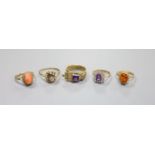 Five assorted modern 9ct gold and gem set rings, including coral, amber and amethyst,gross 16.8