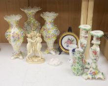 A set of three Victorian Coalbrookdale type vases, a Continental Three Graces group and sundry