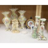 A set of three Victorian Coalbrookdale type vases, a Continental Three Graces group and sundry