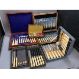Assorted cased sets of plated flatware and cutlery including dessert knives and forks