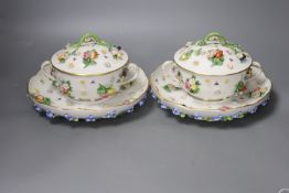 A pair of 19th century Meissen two handled ecuelles and covers, stands width 21cm