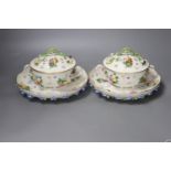 A pair of 19th century Meissen two handled ecuelles and covers, stands width 21cm