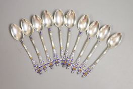A set of ten continental 800 standard white metal and enamel coffee spoons(a.f.),11.2cm, gross