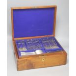 A Victorian silver plate canteen of fiddle and thread pattern flatware for twelve, mahogany cased