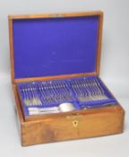 A Victorian silver plate canteen of fiddle and thread pattern flatware for twelve, mahogany cased