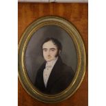 19th century French School, watercolour and gouache on ivory, Miniature portrait of a gentleman, 13