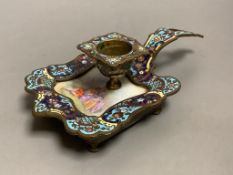 A 19th century French champleve enamel and porcelain chamberstick, 17cm