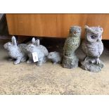 Five reconstituted stone garden animal ornaments, largest 30cm high