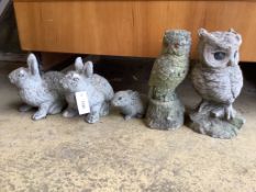 Five reconstituted stone garden animal ornaments, largest 30cm high