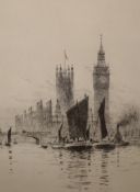 Rowland Langmaid (1897-1956), etching, Sail barges before The Houses of Parliament, signed in