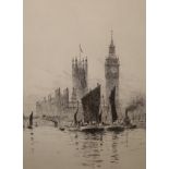 Rowland Langmaid (1897-1956), etching, Sail barges before The Houses of Parliament, signed in