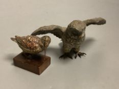 A 19th century Austrian cold painted bronze model of an owl, 13cm, another of a snipe,