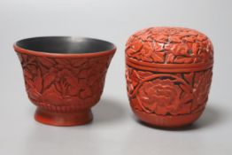 A Japanese red lacquer natsume, 7cm high, and matching tea cup